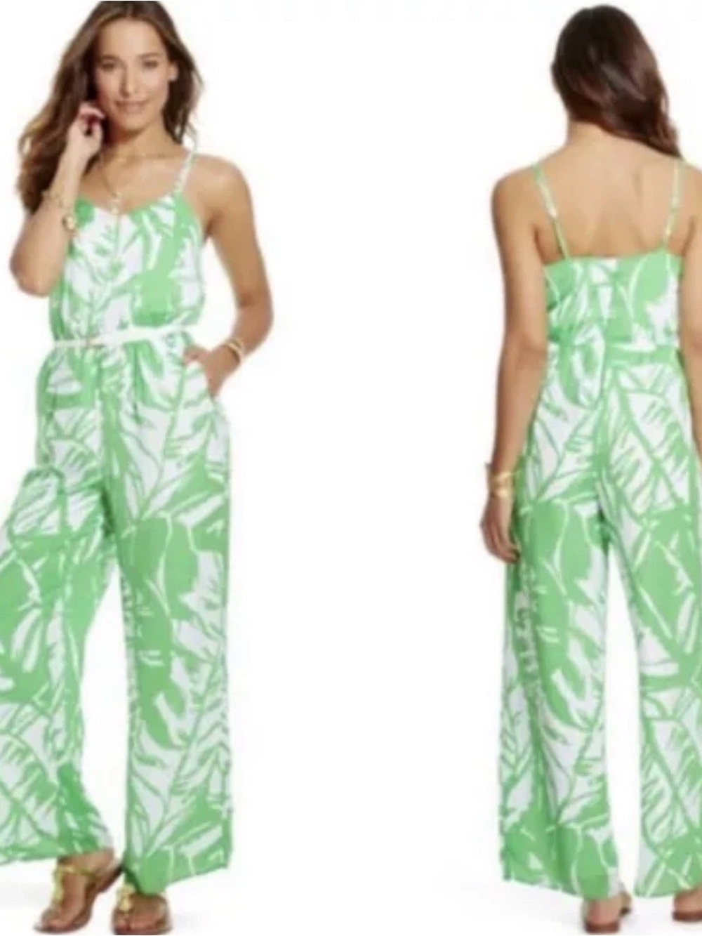 Lilly Pulitzer Green and White Leaf-Print Wide-Leg Jumpsuit